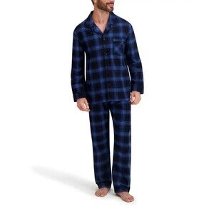 HANES Pajama Set Mens XL Blue Buffalo Check Flannel 2-Piece PJs Sleepwear